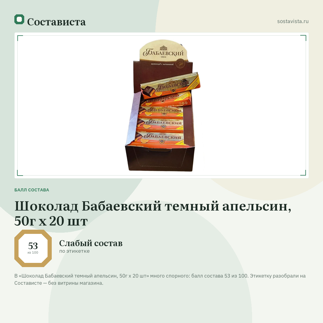 Шоколад Бабаевский темный апельсин, 50г x 20 шт: балл состава 53 из 100 — Состависта