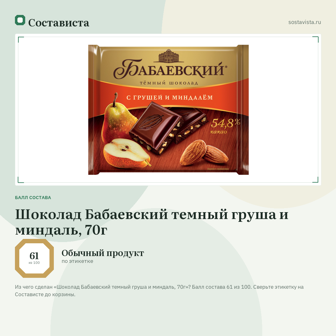 Шоколад Бабаевский темный груша и миндаль, 70г: балл состава 61 из 100 — Состависта