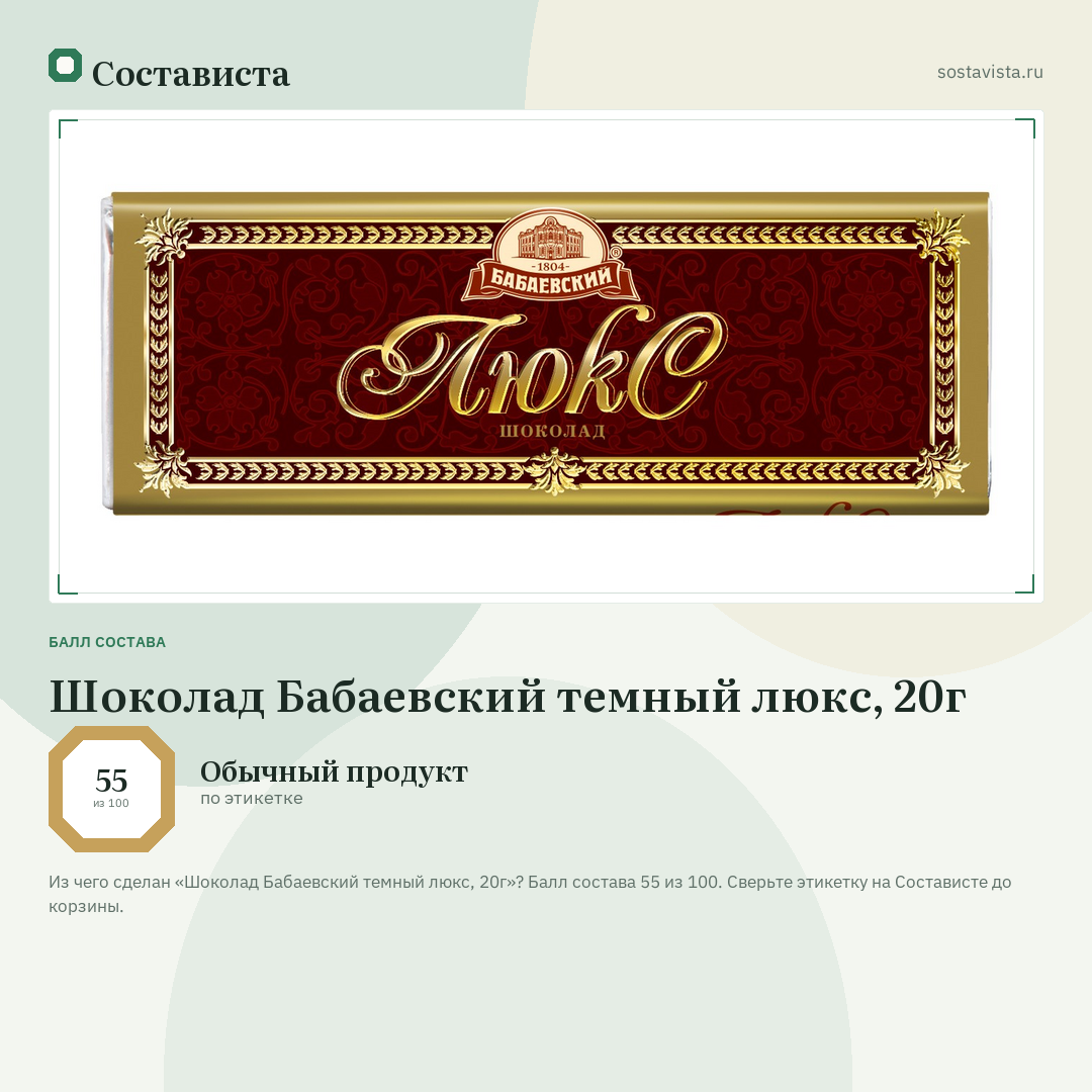 Шоколад Бабаевский темный люкс, 20г: балл состава 55 из 100 — Состависта