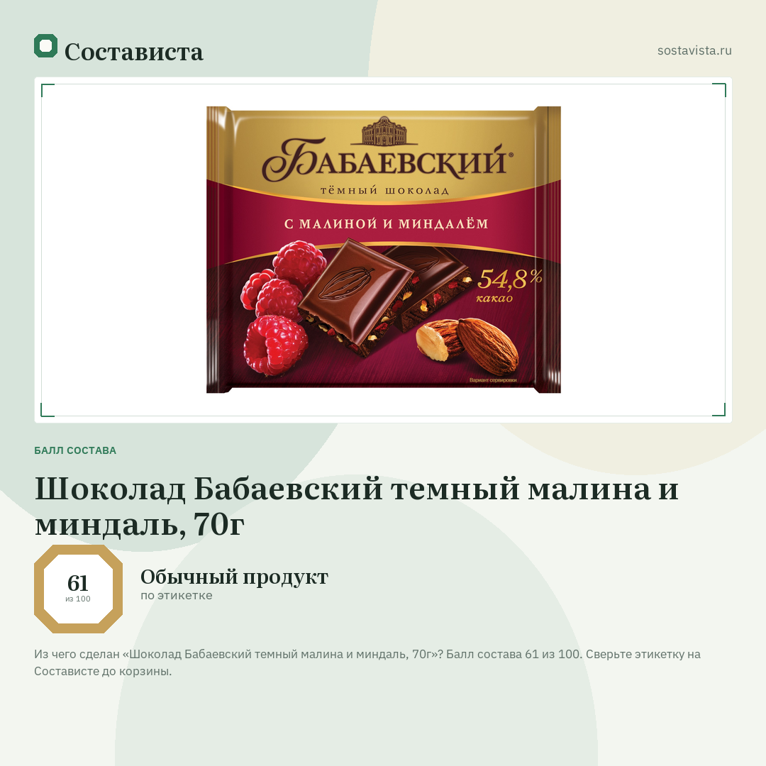 Шоколад Бабаевский темный малина и миндаль, 70г: балл состава 61 из 100 — Состависта