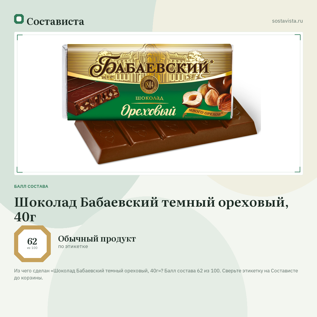 Шоколад Бабаевский темный ореховый, 40г: балл состава 62 из 100 — Состависта