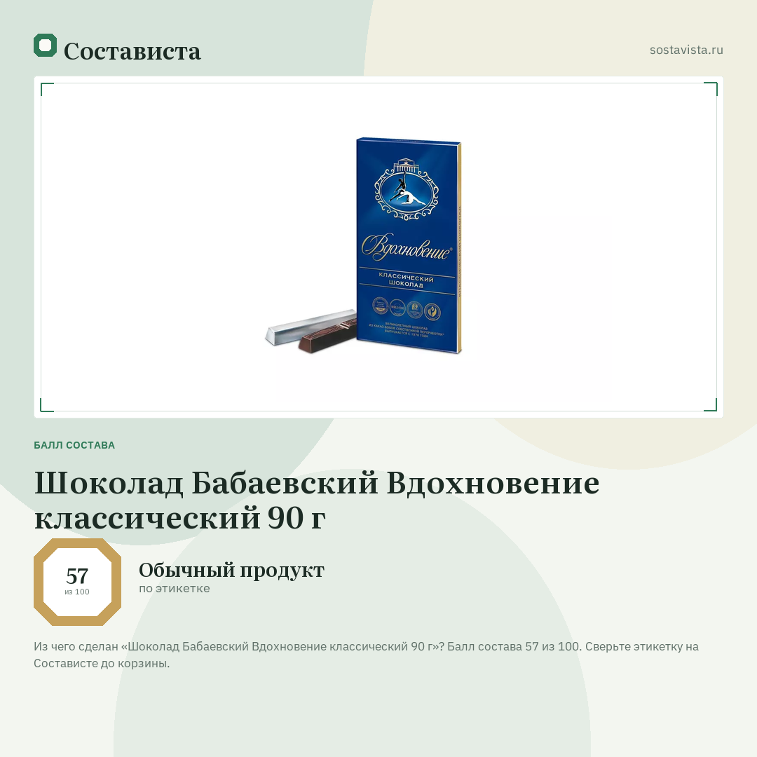 Шоколад Бабаевский Вдохновение классический 90 г: балл состава 57 из 100 — Состависта