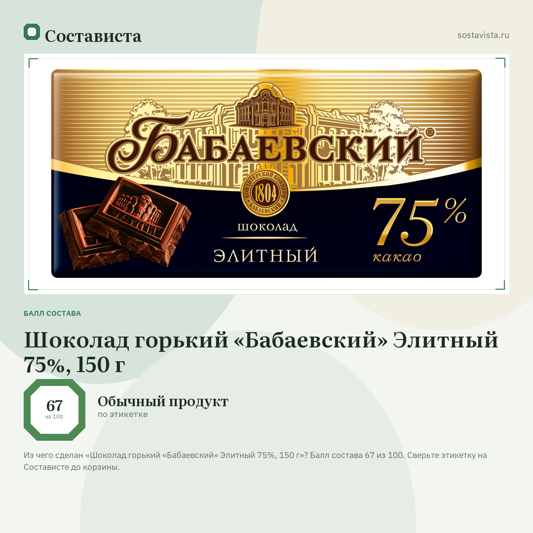 Шоколад горький «Бабаевский» Элитный 75%, 150 г: балл состава 67 из 100 — Состависта