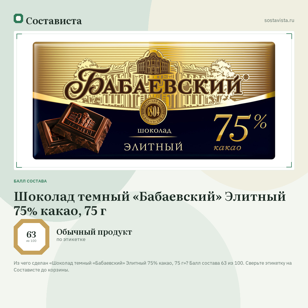 Шоколад темный «Бабаевский» Элитный 75% какао, 75 г: балл состава 63 из 100 — Состависта