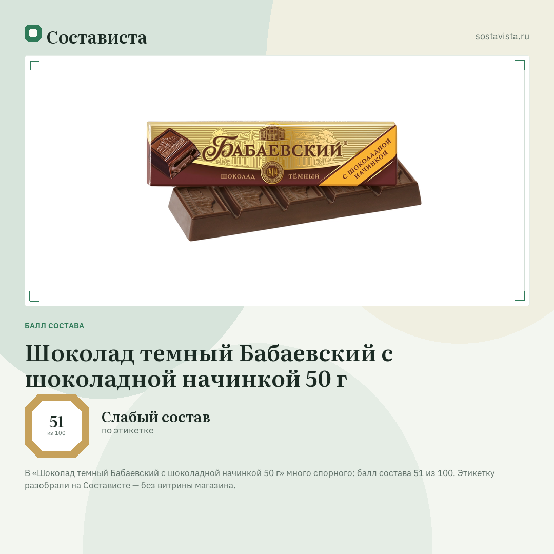 Шоколад темный Бабаевский с шоколадной начинкой 50 г: балл состава 51 из 100 — Состависта