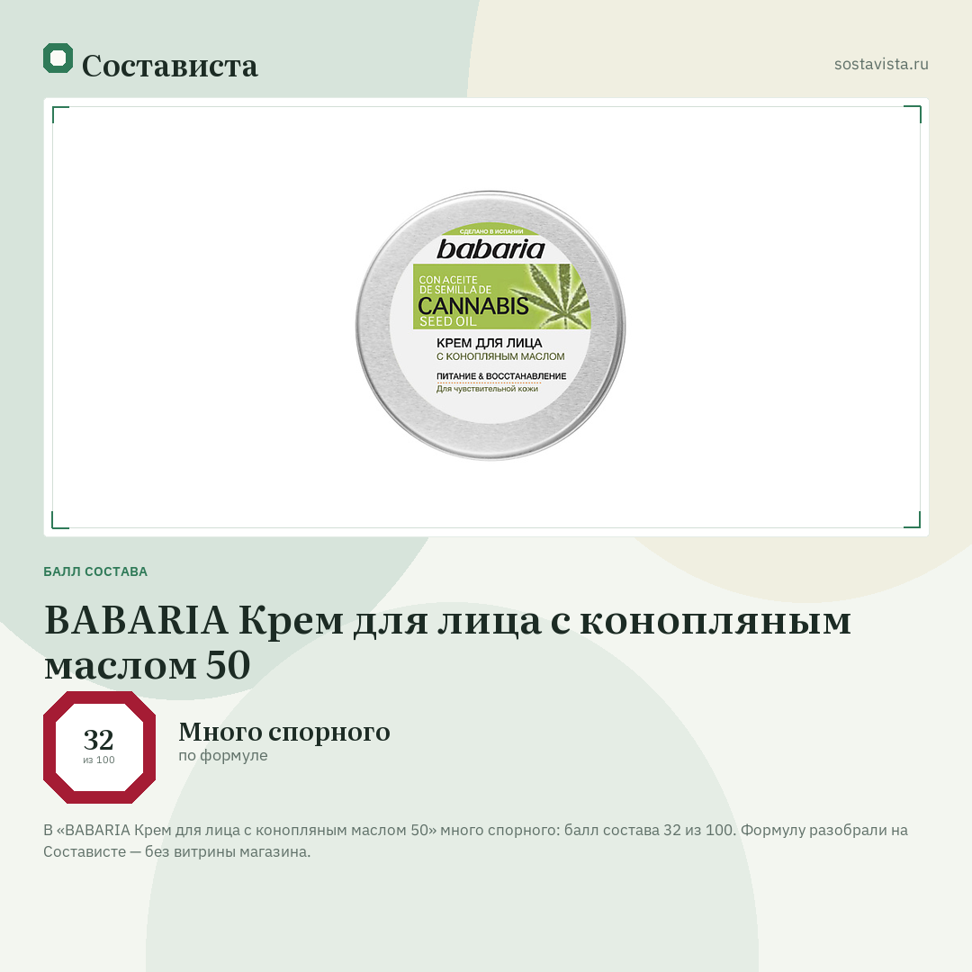 BABARIA Крем для лица с конопляным маслом 50: балл состава 32 из 100 — Состависта