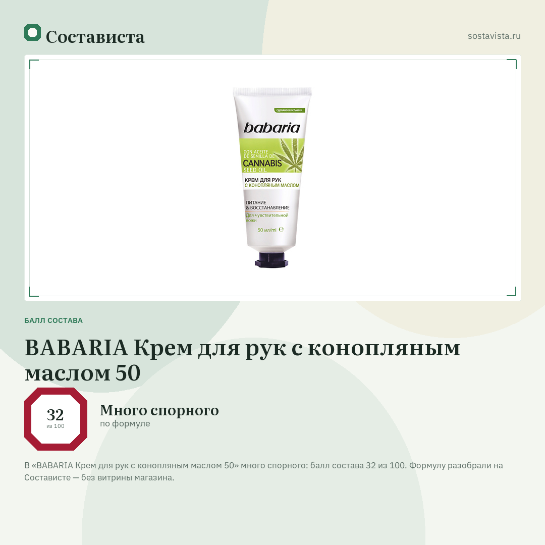 BABARIA Крем для рук с конопляным маслом 50: балл состава 32 из 100 — Состависта