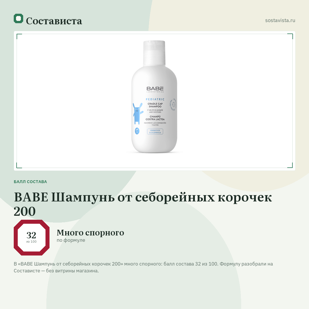BABE Шампунь от себорейных корочек 200: балл состава 32 из 100 — Состависта
