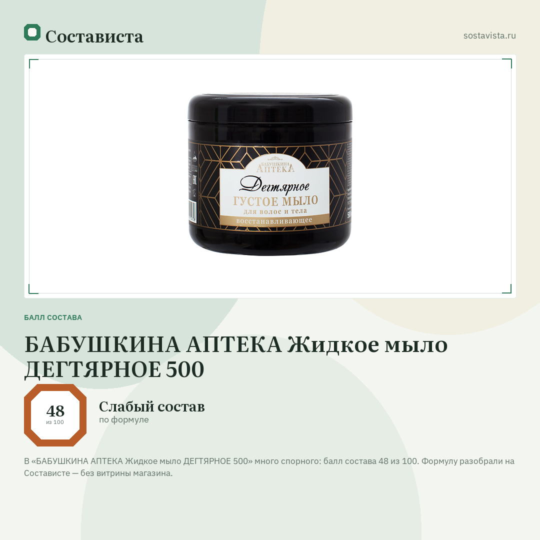 БАБУШКИНА АПТЕКА Жидкое мыло ДЕГТЯРНОЕ 500: балл состава 48 из 100 — Состависта