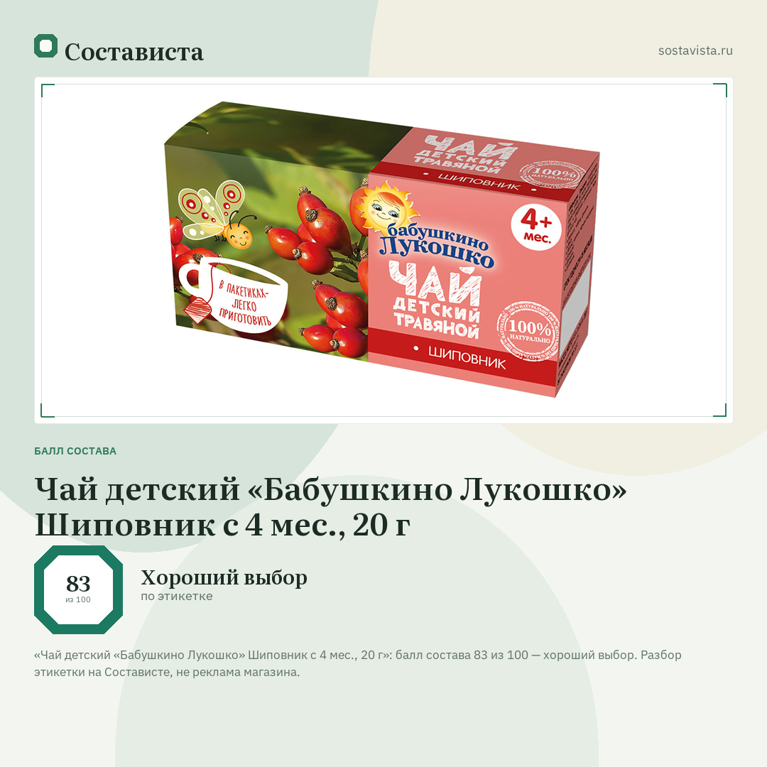 Чай детский «Бабушкино Лукошко» Шиповник с 4 мес., 20 г: балл состава 83 из 100 — Состависта