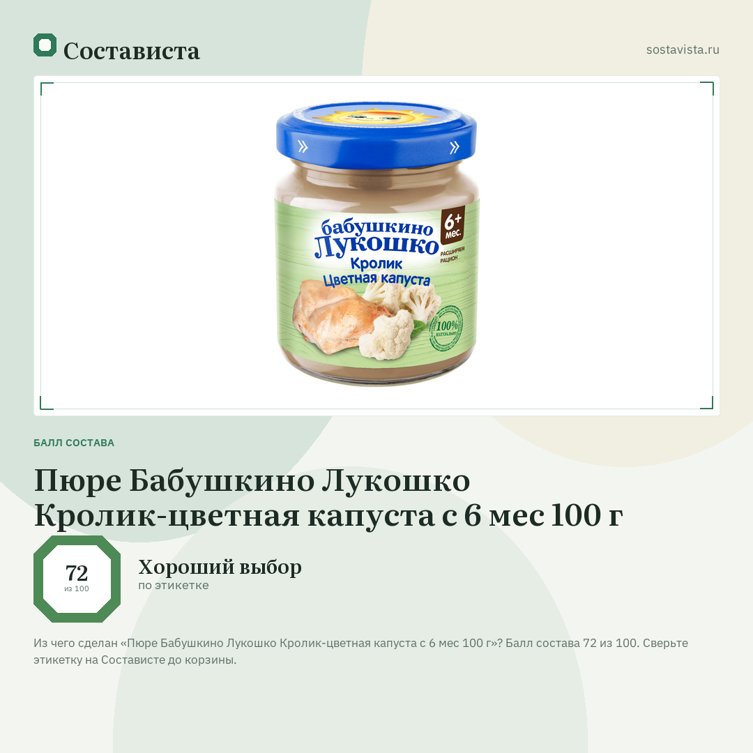 Пюре Бабушкино Лукошко Кролик-цветная капуста с 6 мес 100 г: балл состава 72 из 100 — Состависта
