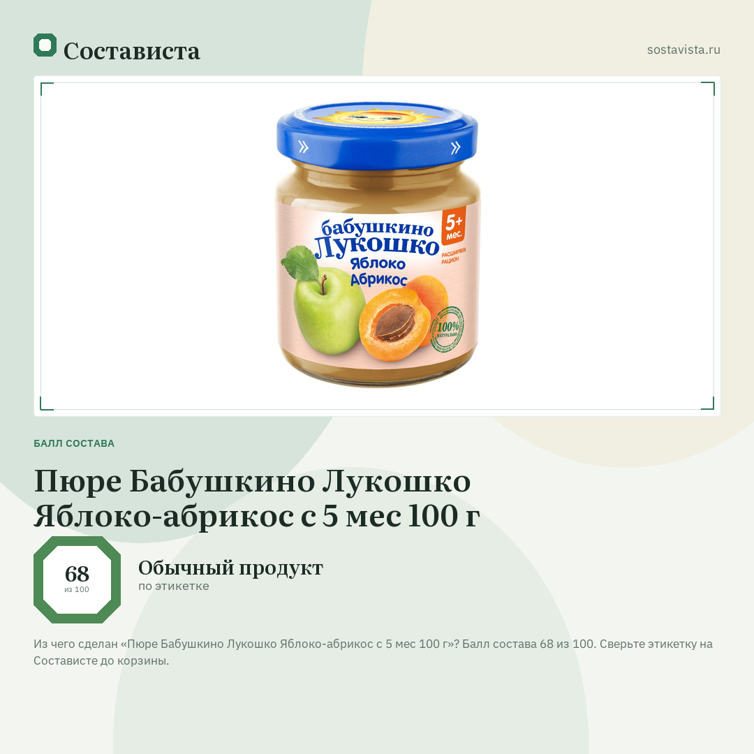 Пюре Бабушкино Лукошко Яблоко-абрикос с 5 мес 100 г: балл состава 68 из 100 — Состависта