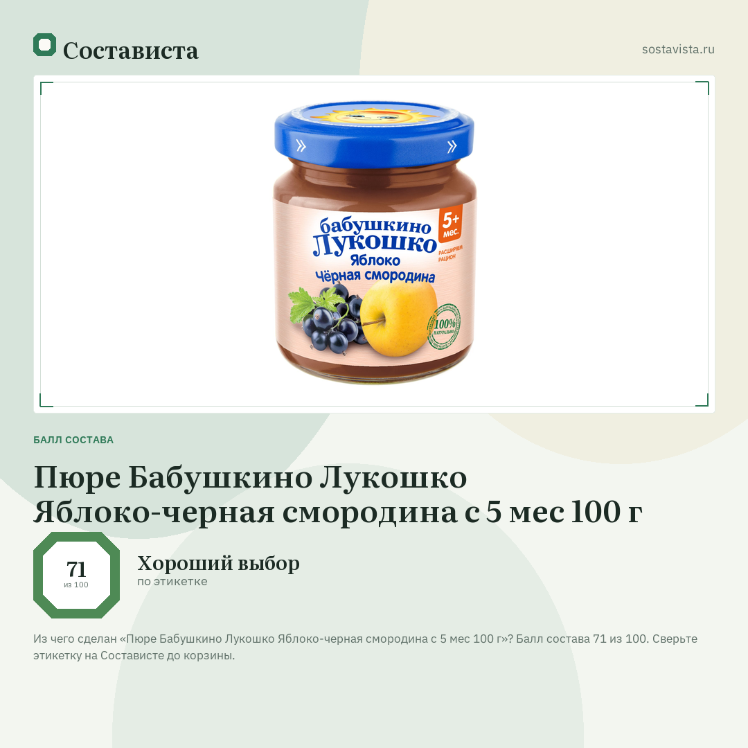 Пюре Бабушкино Лукошко Яблоко-черная смородина с 5 мес 100 г: балл состава 71 из 100 — Состависта