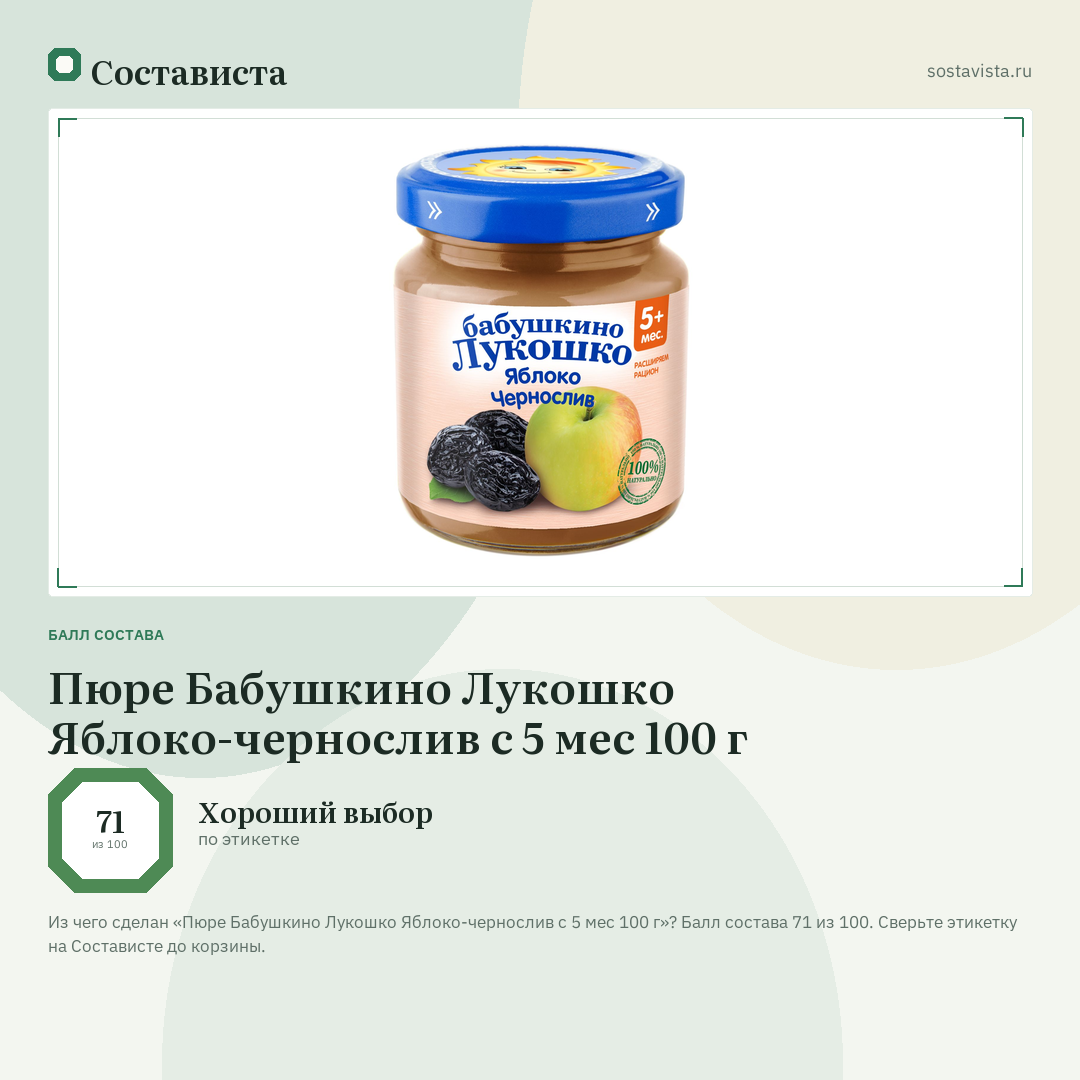 Пюре Бабушкино Лукошко Яблоко-чернослив с 5 мес 100 г: балл состава 71 из 100 — Состависта