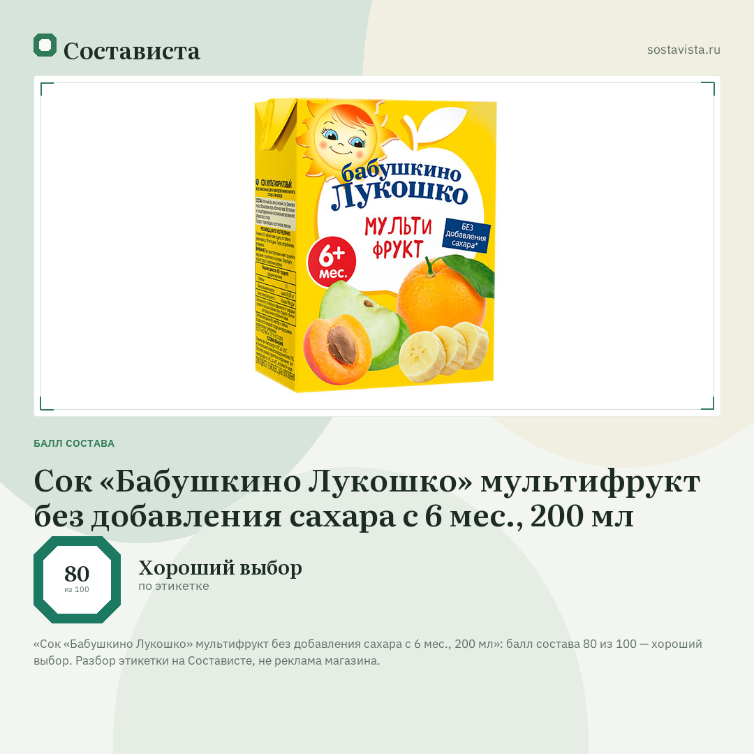 Сок «Бабушкино Лукошко» мультифрукт без добавления сахара с 6 мес., 200 мл: балл состава 80 из 100 — Состависта