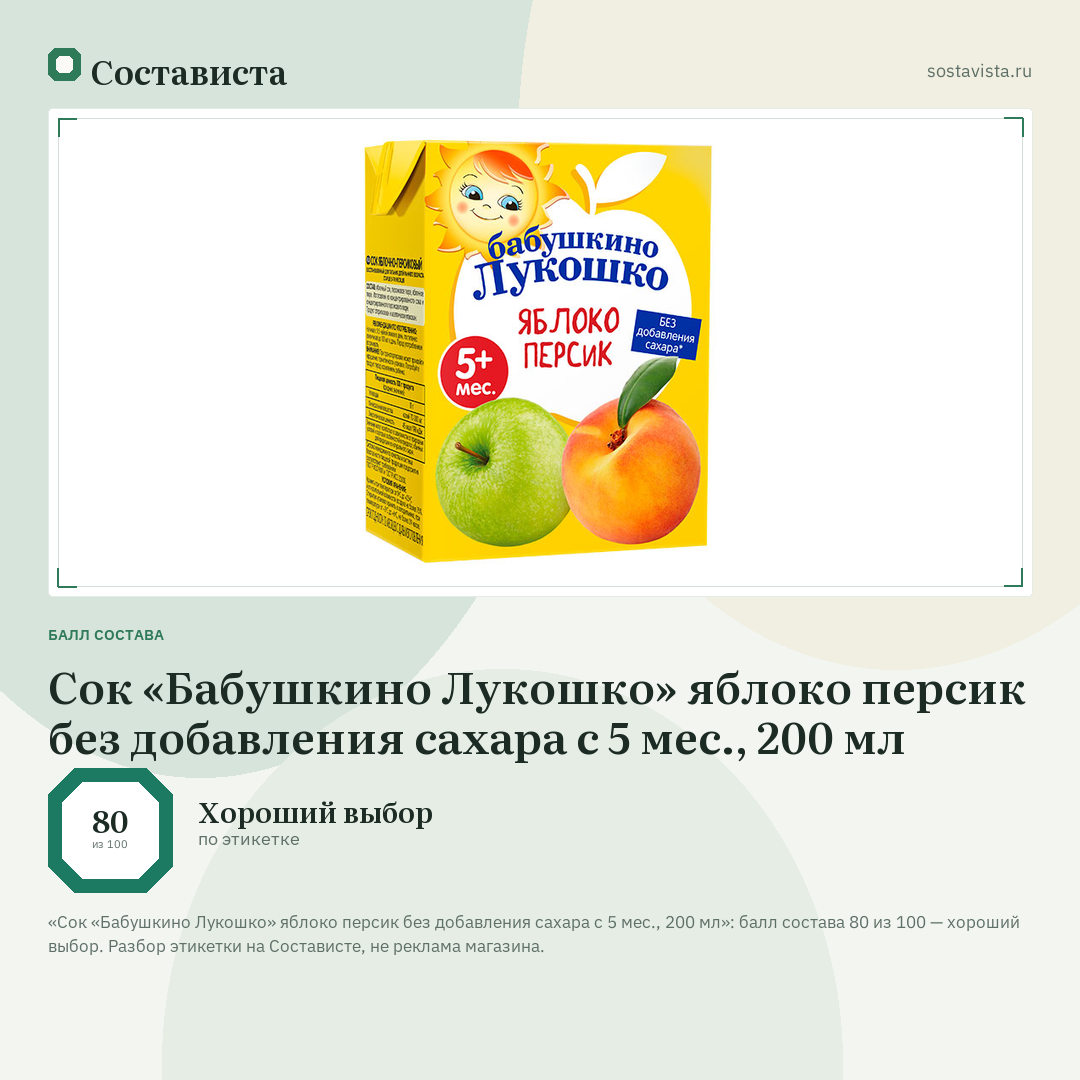 Сок «Бабушкино Лукошко» яблоко персик без добавления сахара с 5 мес., 200 мл: балл состава 80 из 100 — Состависта