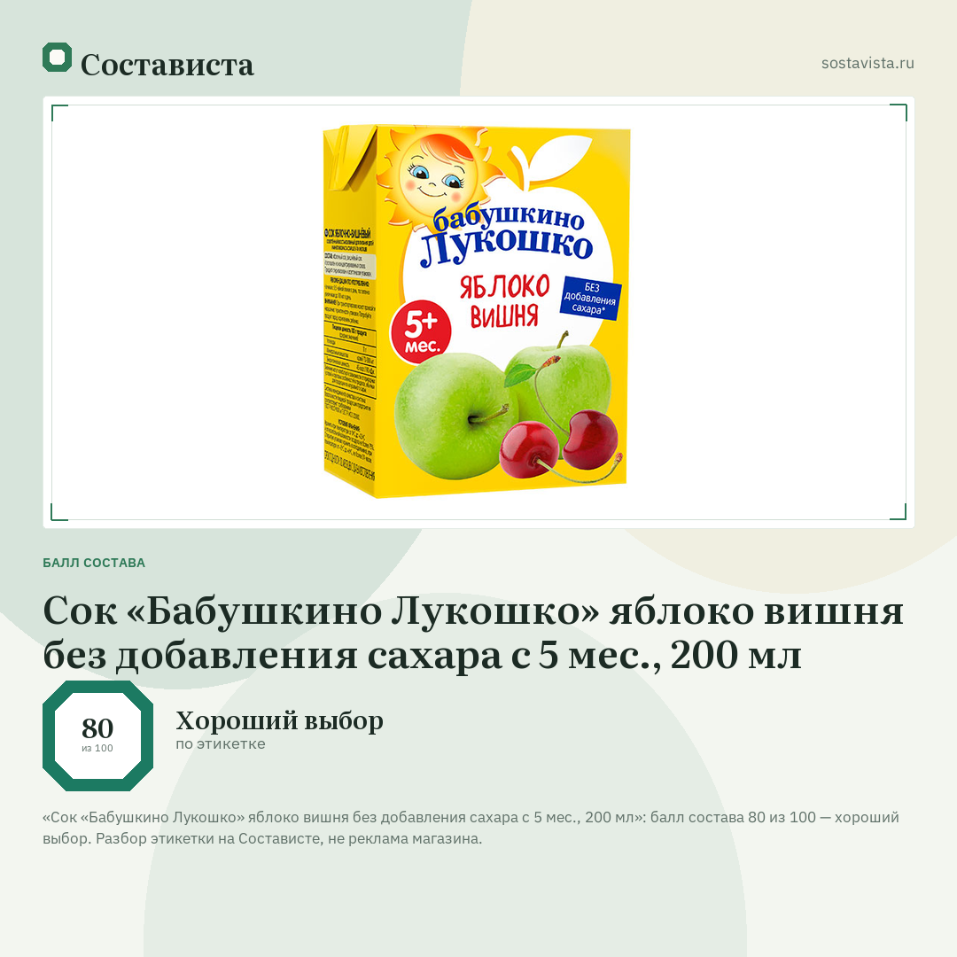 Сок «Бабушкино Лукошко» яблоко вишня без добавления сахара с 5 мес., 200 мл: балл состава 80 из 100 — Состависта