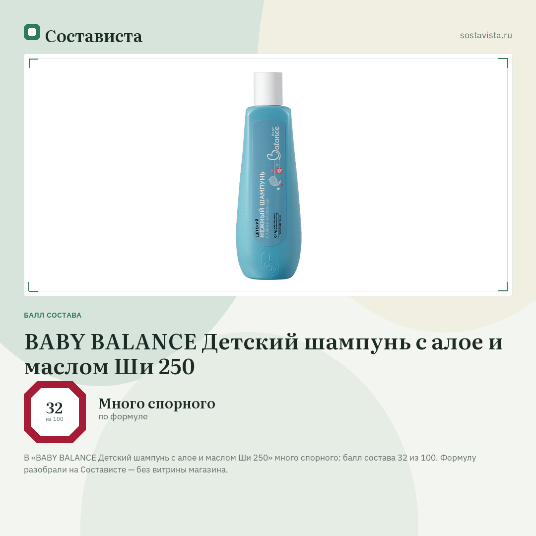 BABY BALANCE Детский шампунь с алое и маслом Ши 250: балл состава 32 из 100 — Состависта