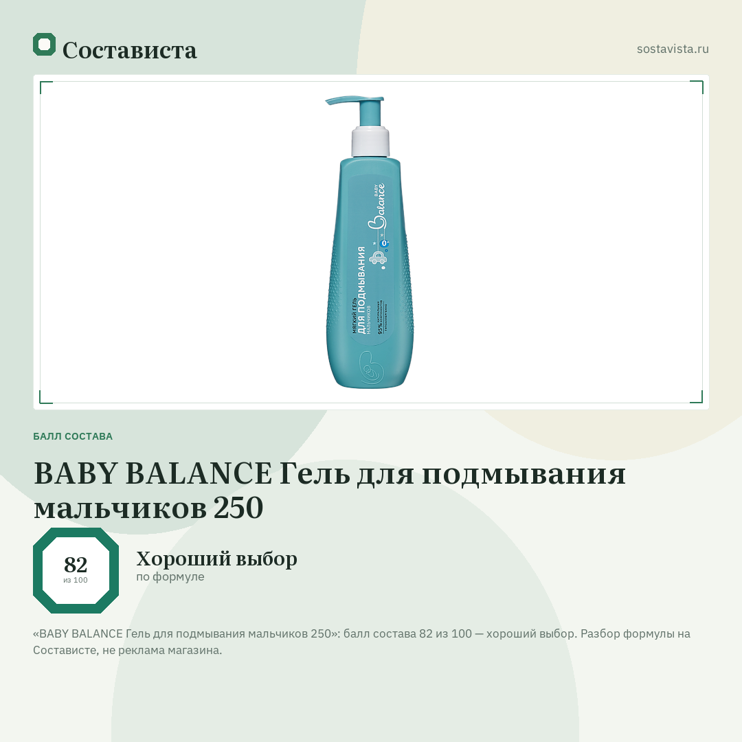 BABY BALANCE Гель для подмывания мальчиков 250: балл состава 82 из 100 — Состависта