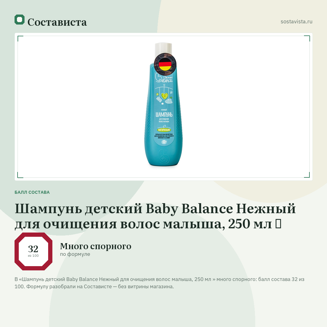 Шампунь детский Baby Balance Нежный для очищения волос малыша, 250 мл ﻿: балл состава 32 из 100 — Состависта
