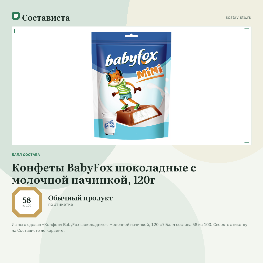 Конфеты BabyFox шоколадные с молочной начинкой, 120г: балл состава 58 из 100 — Состависта