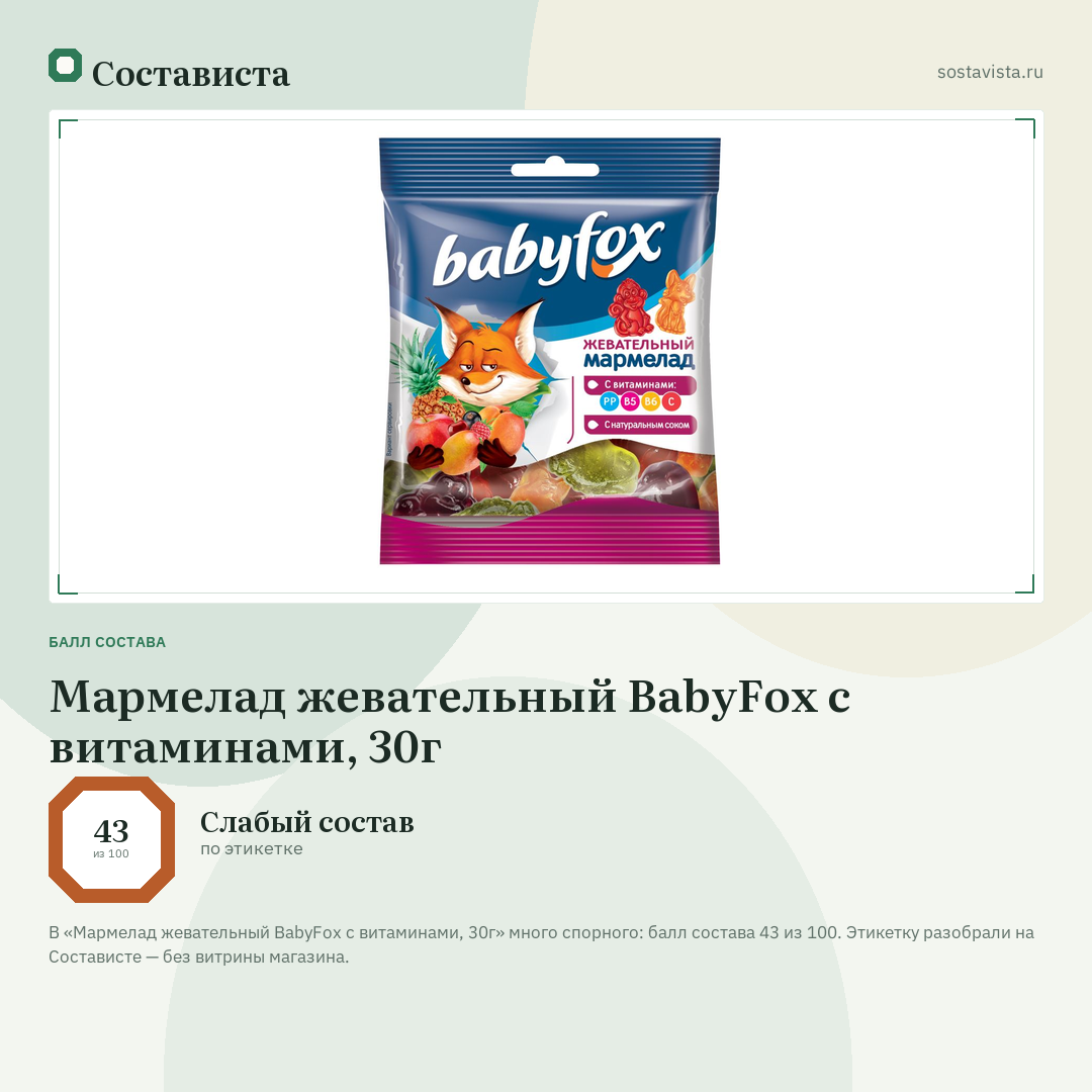 Мармелад жевательный BabyFox с витаминами, 30г: балл состава 43 из 100 — Состависта