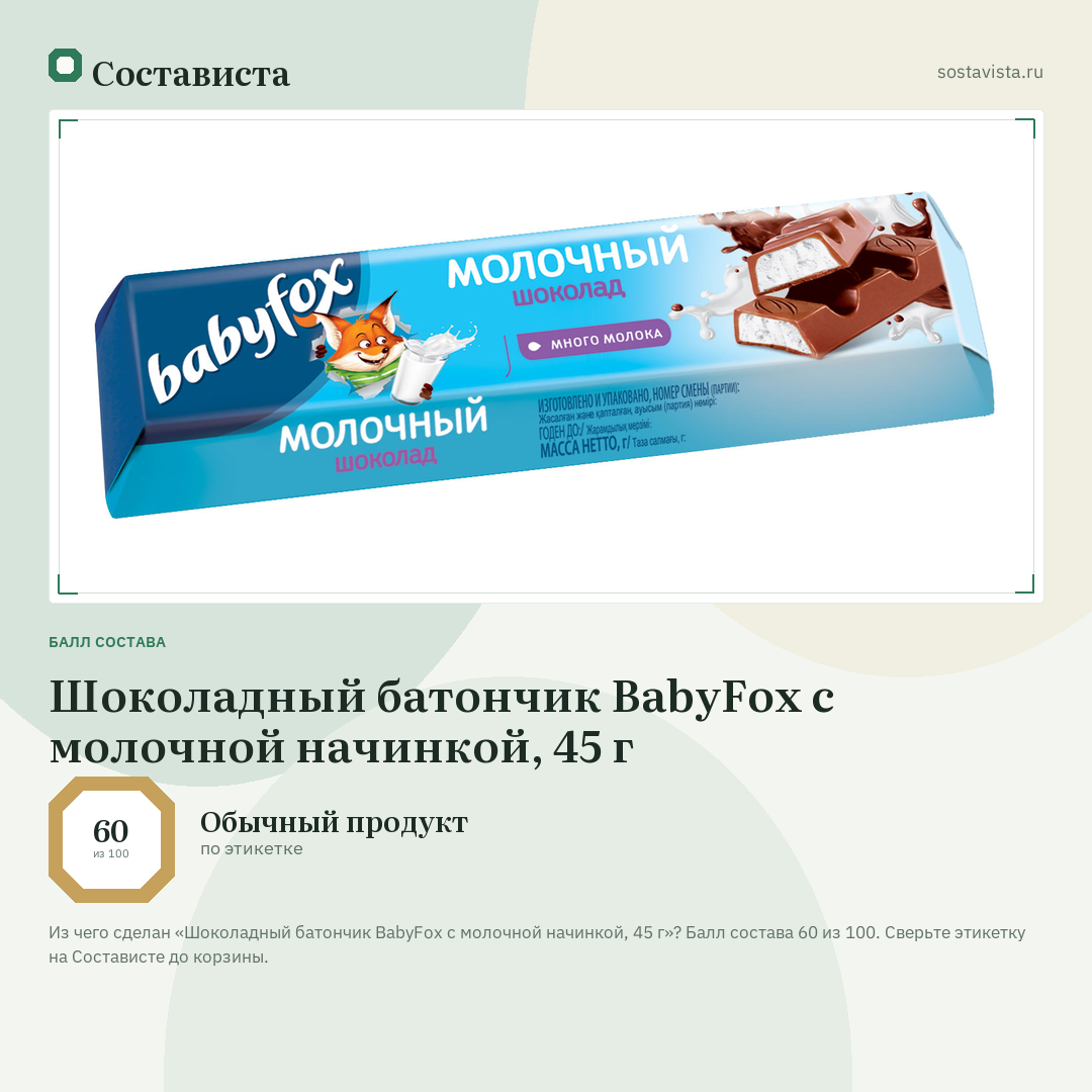 Шоколадный батончик BabyFox с молочной начинкой, 45 г: балл состава 60 из 100 — Состависта