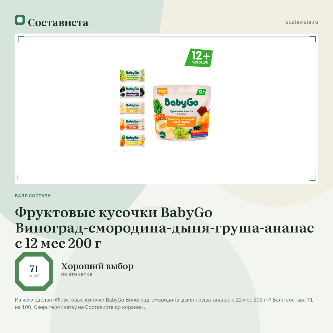 Фруктовые кусочки BabyGo Виноград-смородина-дыня-груша-ананас с 12 мес 200 г: балл состава 71 из 100 — Состависта