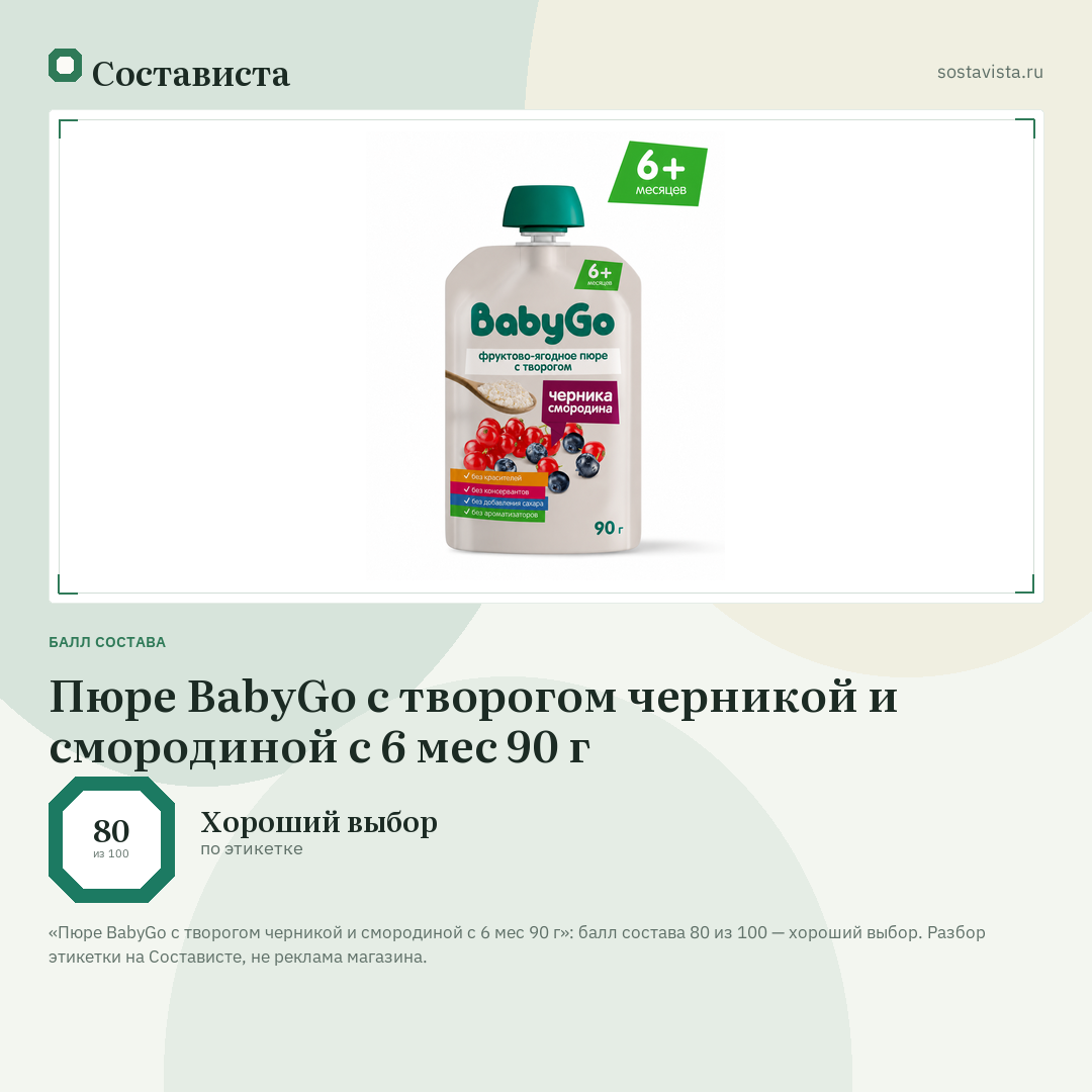 Пюре BabyGo с творогом черникой и смородиной с 6 мес 90 г: балл состава 80 из 100 — Состависта