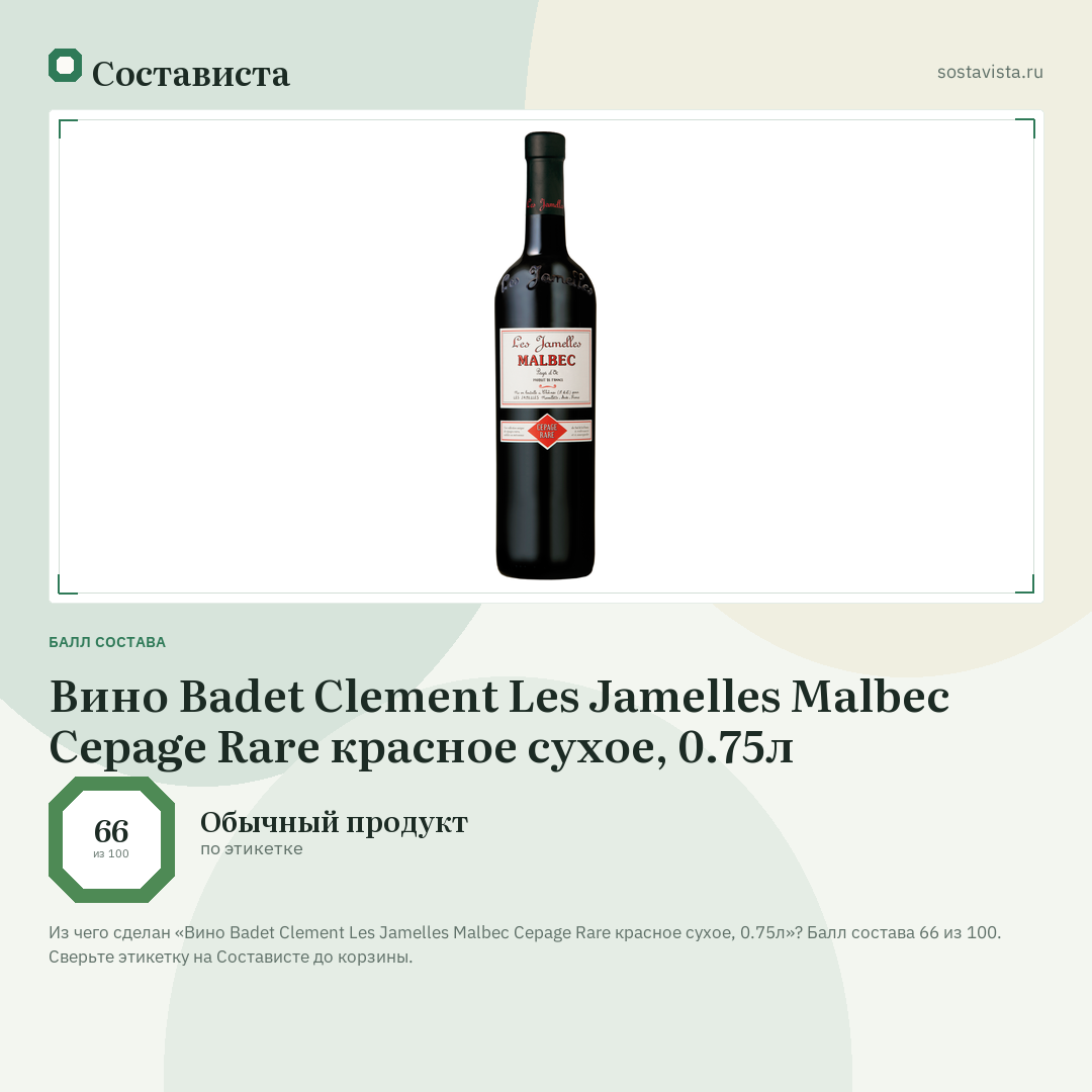 Вино Badet Clement Les Jamelles Malbec Cepage Rare красное сухое, 0.75л: балл состава 66 из 100 — Состависта