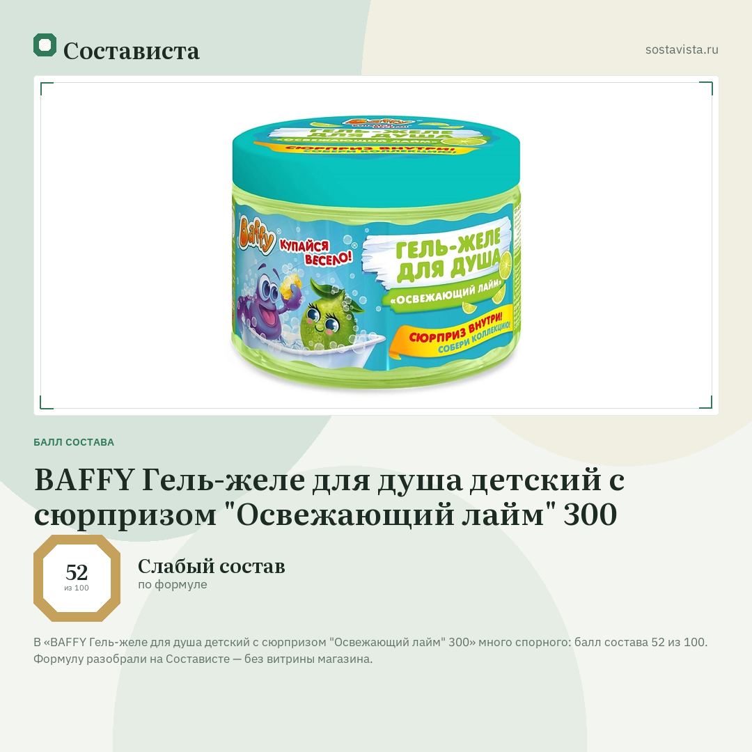 BAFFY Гель-желе для душа детский с сюрпризом "Освежающий лайм" 300: балл состава 52 из 100 — Состависта