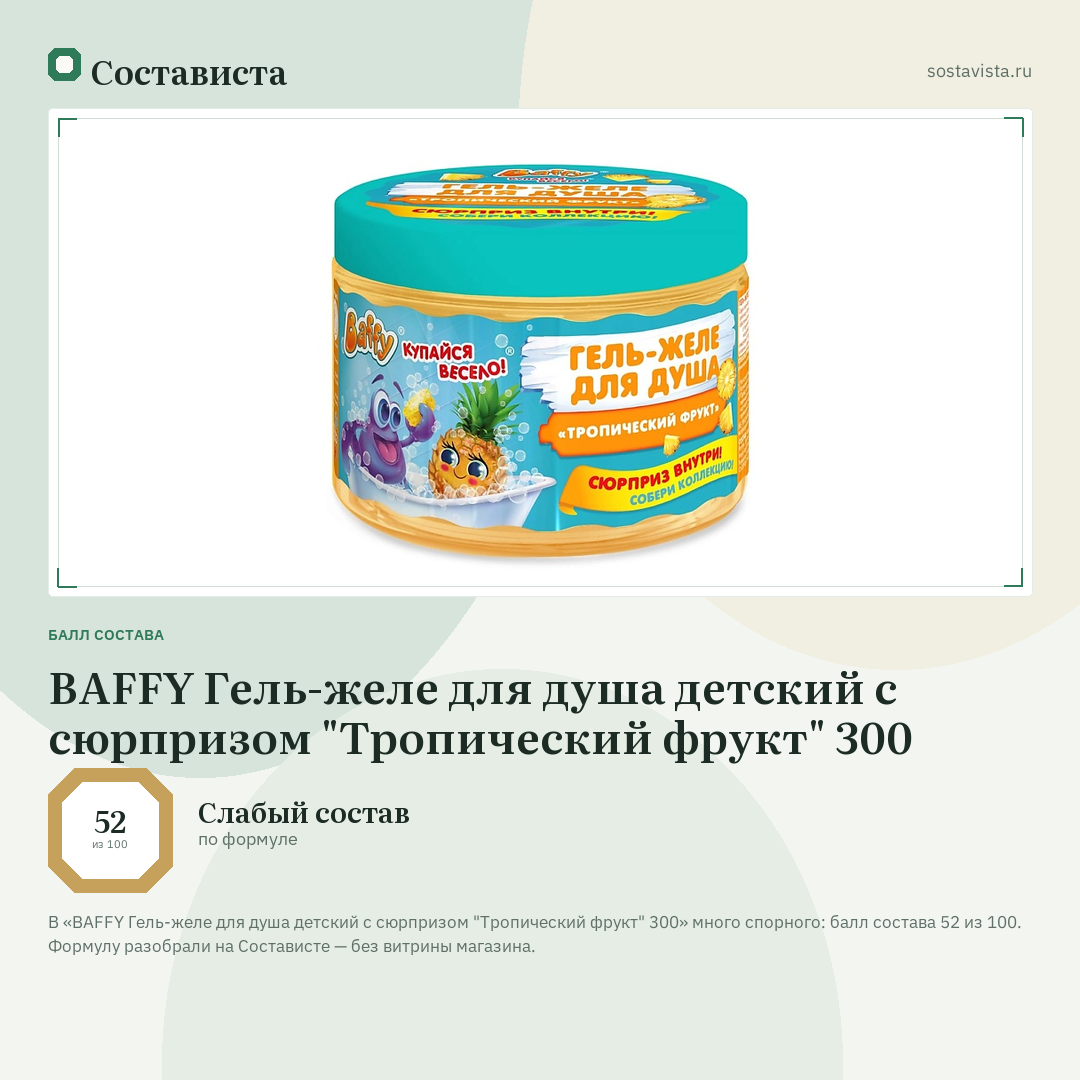 BAFFY Гель-желе для душа детский с сюрпризом "Тропический фрукт" 300: балл состава 52 из 100 — Состависта