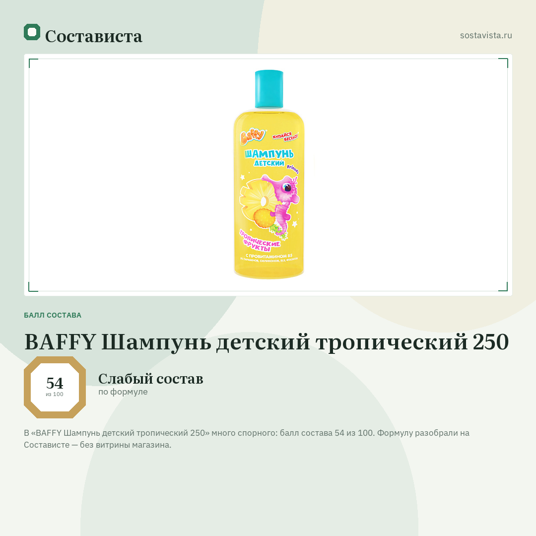 BAFFY Шампунь детский тропический 250: балл состава 54 из 100 — Состависта