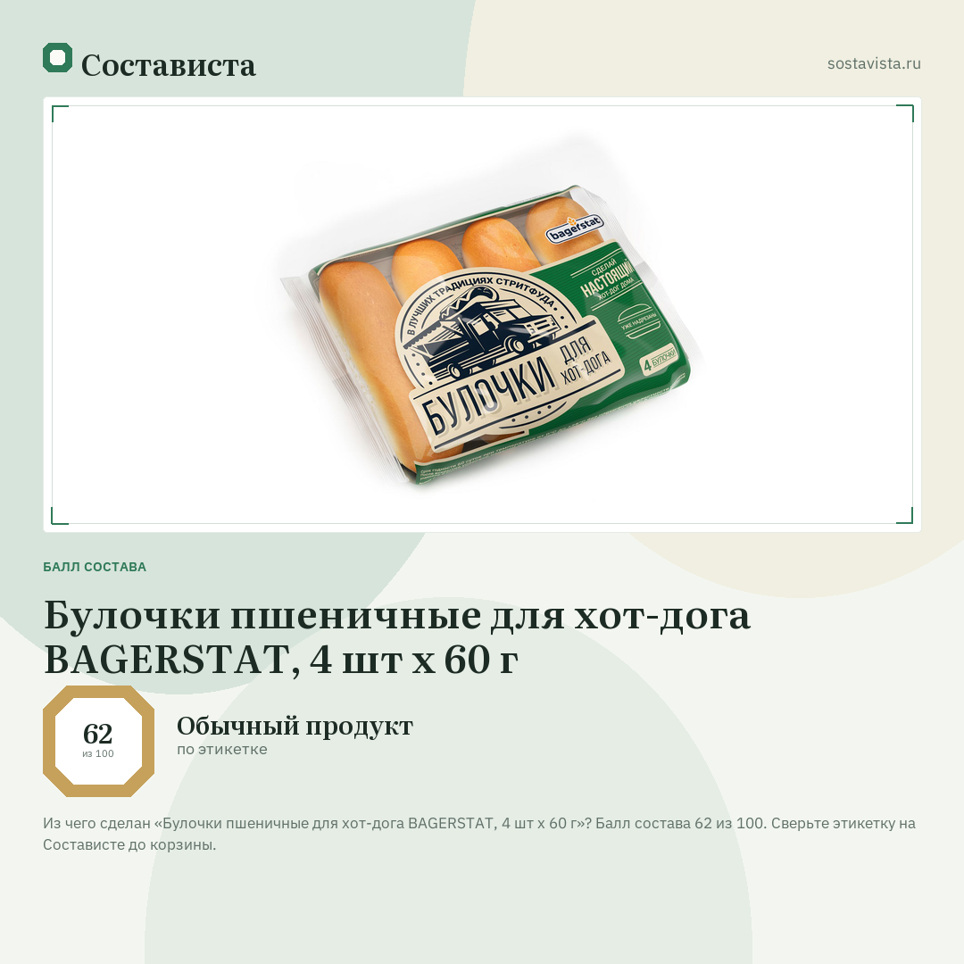 Булочки пшеничные для хот-дога BAGERSTAT, 4 шт х 60 г: балл состава 62 из 100 — Состависта