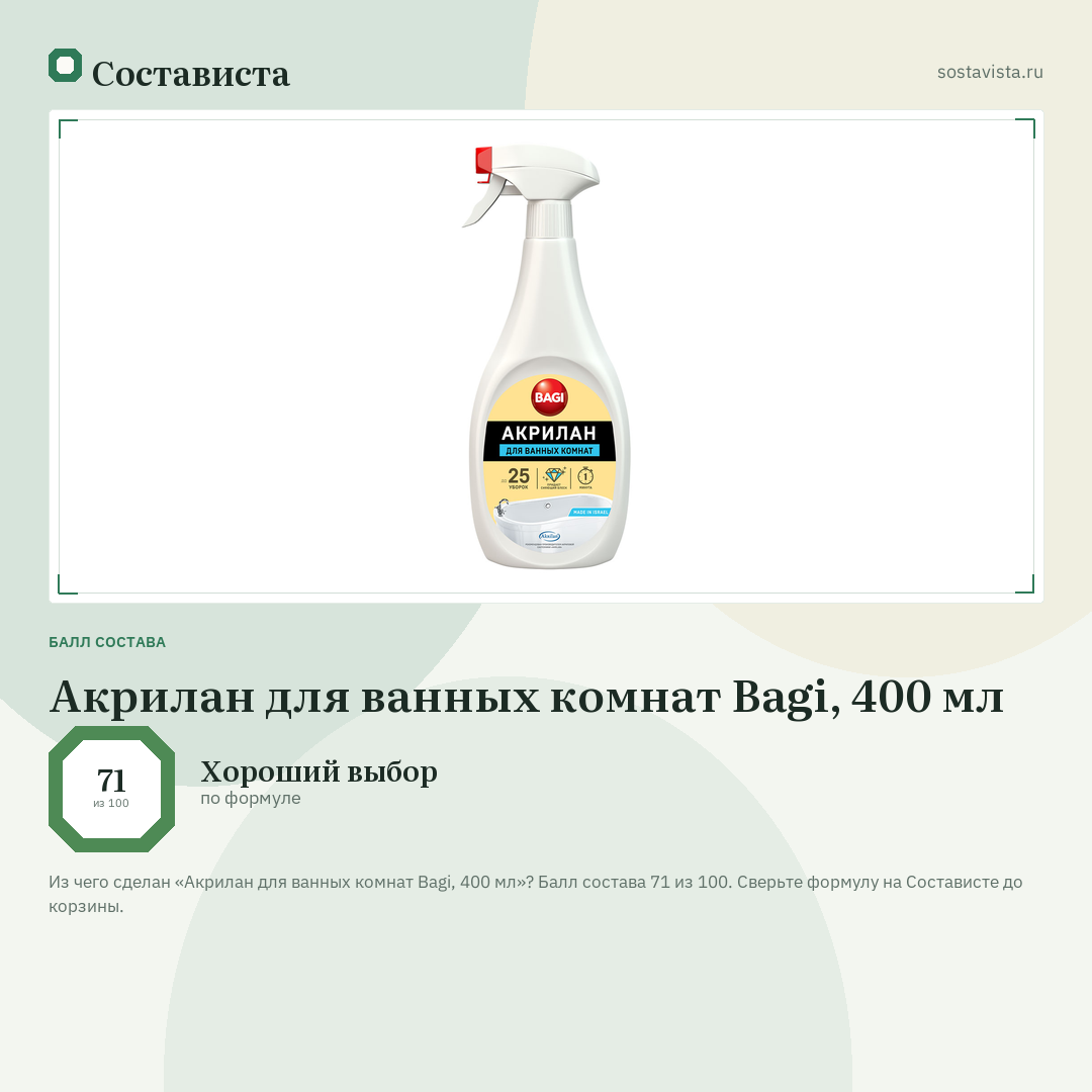 Акрилан для ванных комнат Bagi, 400 мл: балл состава 71 из 100 — Состависта