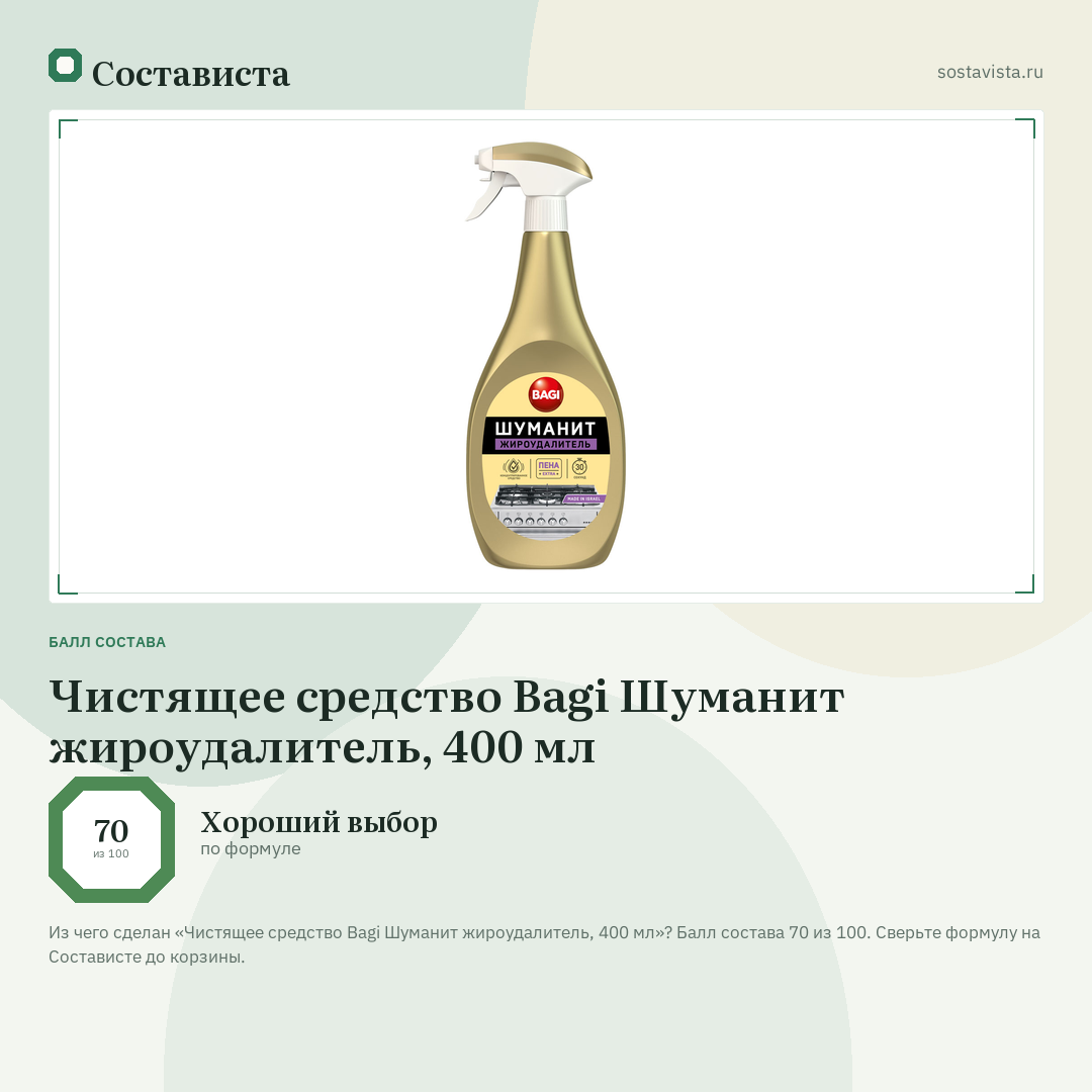 Чистящее средство Bagi Шуманит жироудалитель, 400 мл: балл состава 70 из 100 — Состависта