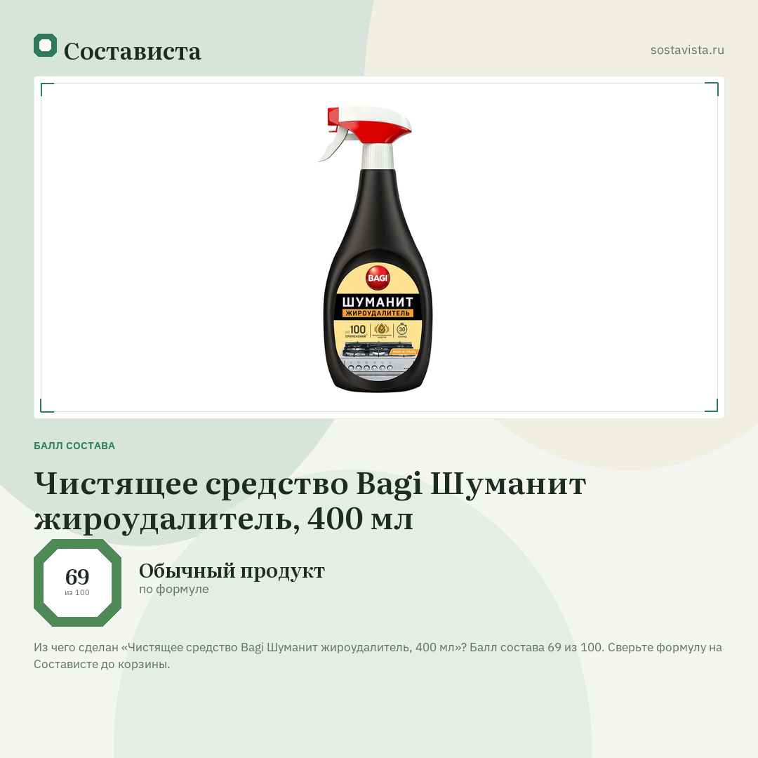 Чистящее средство Bagi Шуманит жироудалитель, 400 мл: балл состава 69 из 100 — Состависта