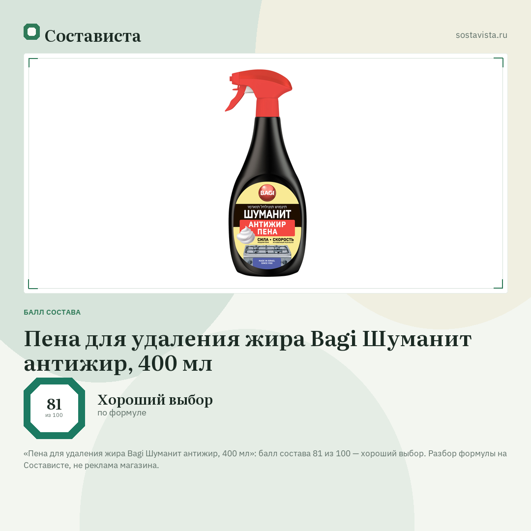 Пена для удаления жира Bagi Шуманит антижир, 400 мл: балл состава 81 из 100 — Состависта