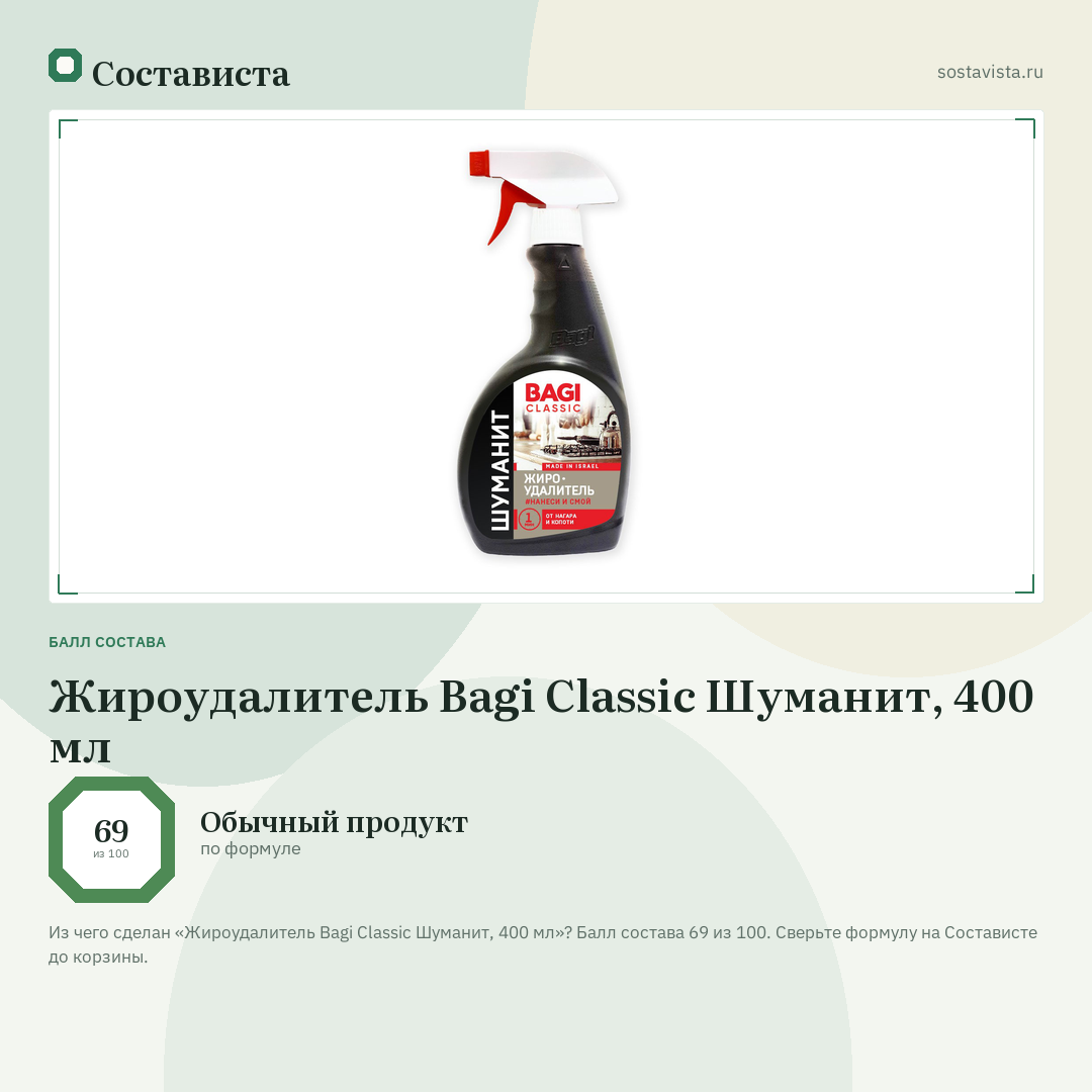 Жироудалитель Bagi Classic Шуманит, 400 мл: балл состава 69 из 100 — Состависта
