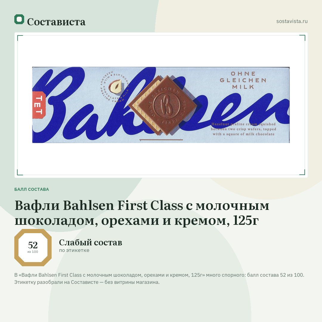 Вафли Bahlsen First Class с молочным шоколадом, орехами и кремом, 125г: балл состава 52 из 100 — Состависта
