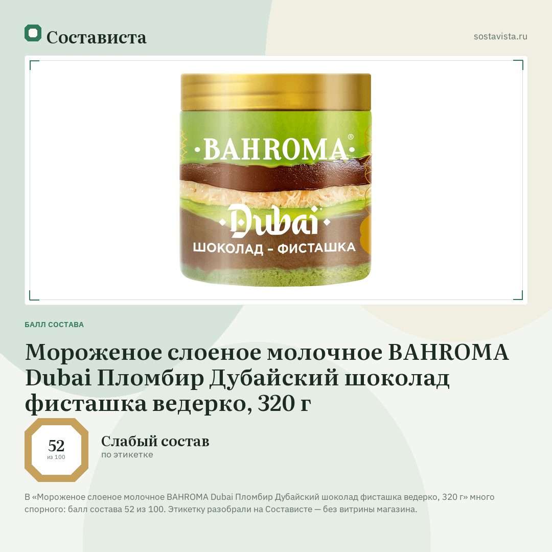 Мороженое слоеное молочное BAHROMA Dubai Пломбир Дубайский шоколад фисташка ведерко, 320 г: балл состава 52 из 100 — Состависта