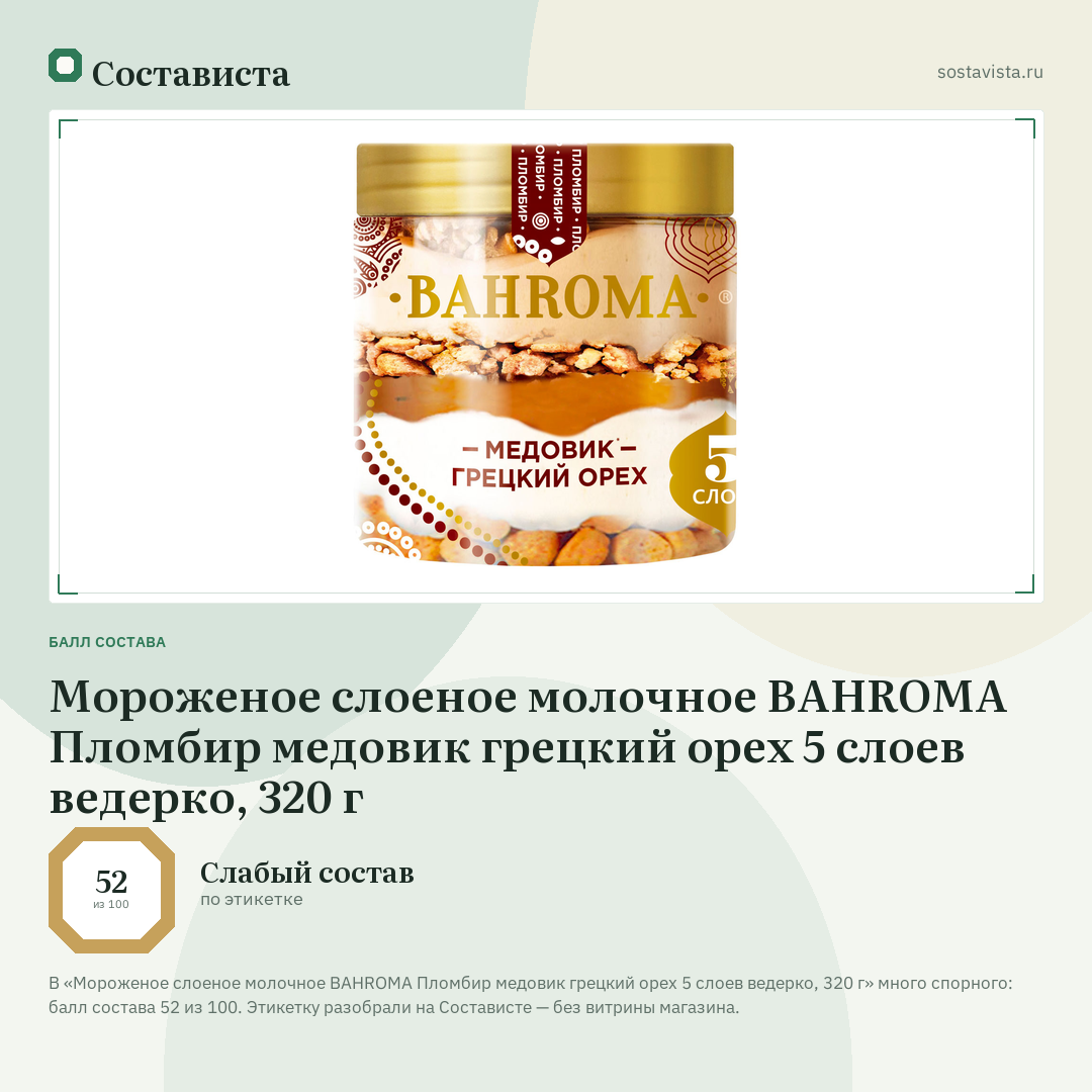 Мороженое слоеное молочное BAHROMA Пломбир медовик грецкий орех 5 слоев ведерко, 320 г: балл состава 52 из 100 — Состависта