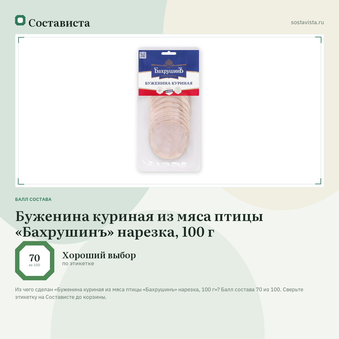 Буженина куриная из мяса птицы «Бахрушинъ» нарезка, 100 г: балл состава 70 из 100 — Состависта