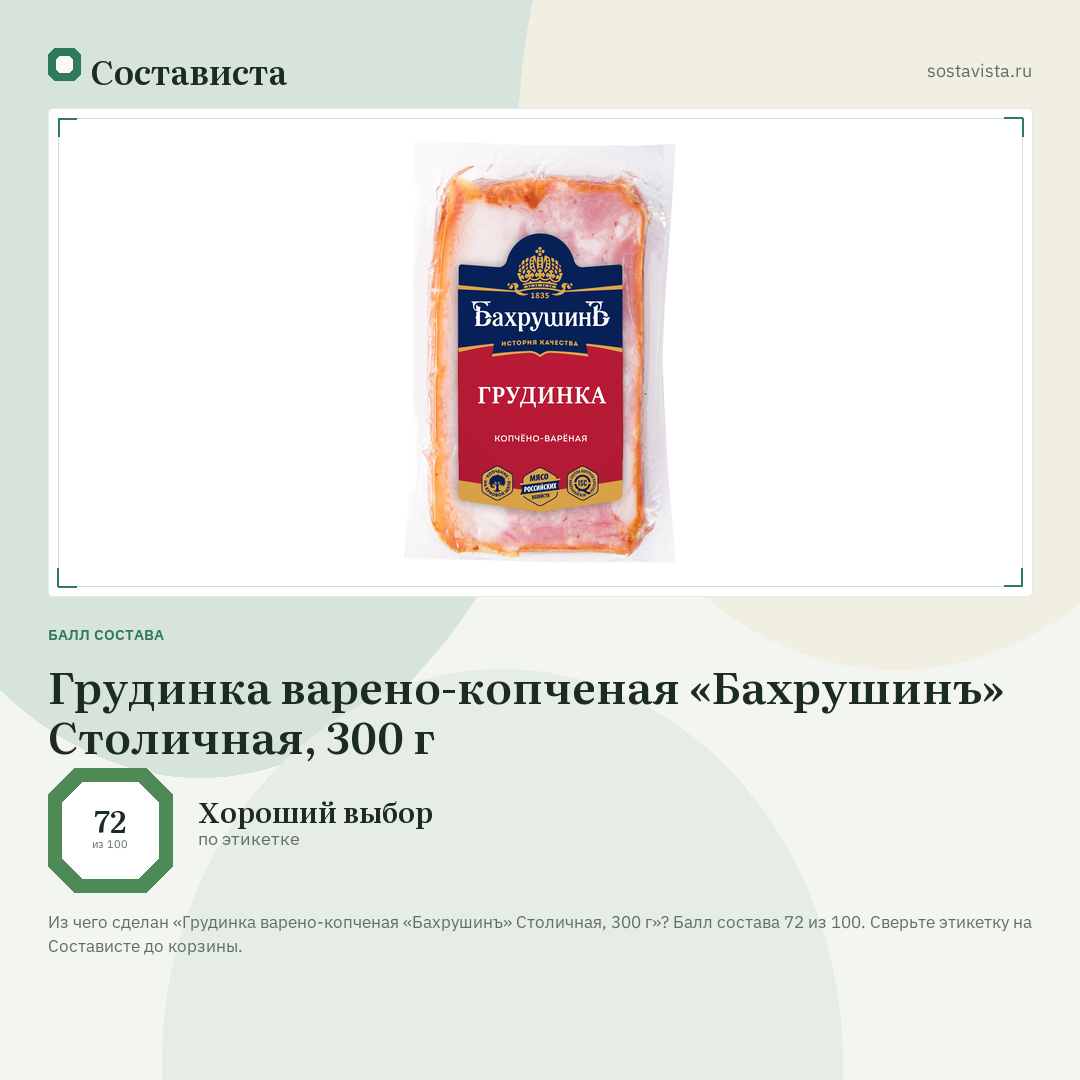 Грудинка варено-копченая «Бахрушинъ» Столичная, 300 г: балл состава 72 из 100 — Состависта