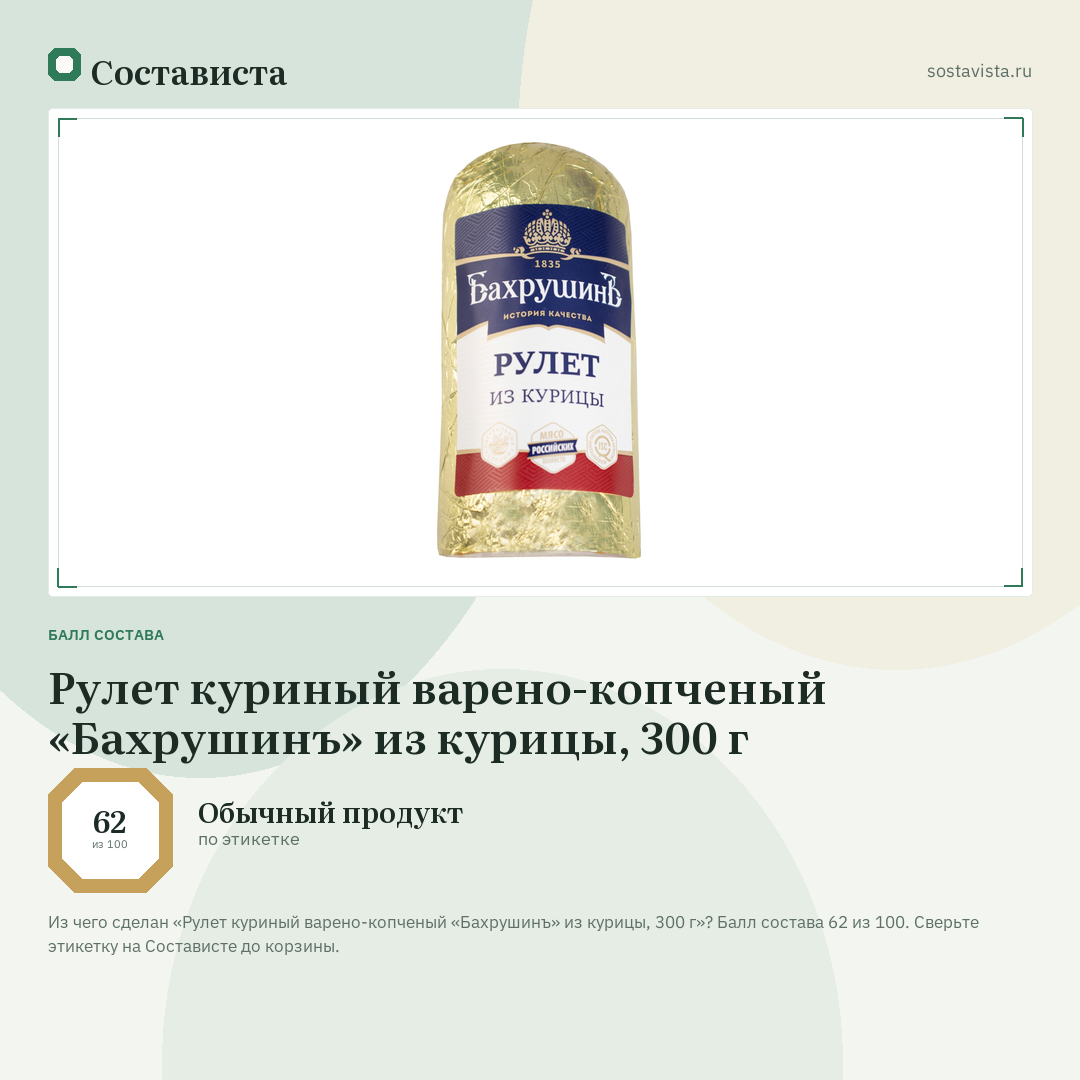 Рулет куриный варено-копченый «Бахрушинъ» из курицы, 300 г: балл состава 62 из 100 — Состависта
