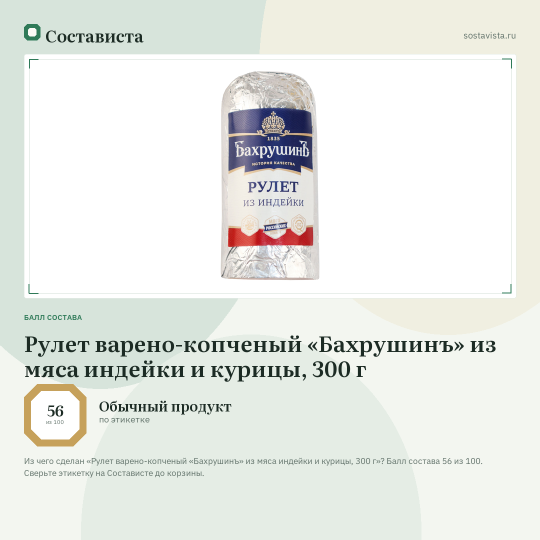 Рулет варено-копченый «Бахрушинъ» из мяса индейки и курицы, 300 г: балл состава 56 из 100 — Состависта