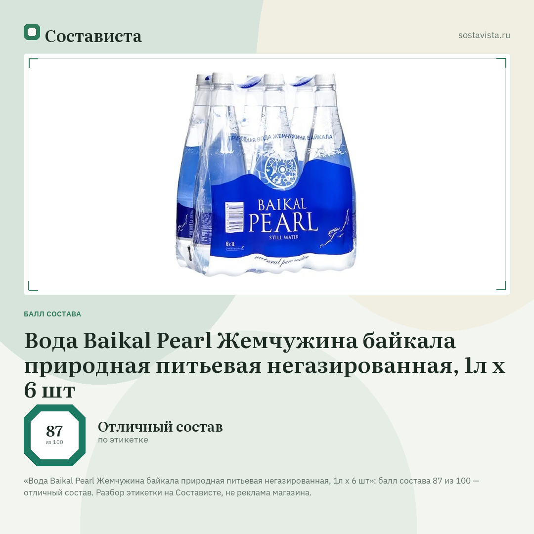 Вода Baikal Pearl Жемчужина байкала природная питьевая негазированная, 1л x 6 шт: балл состава 87 из 100 — Состависта