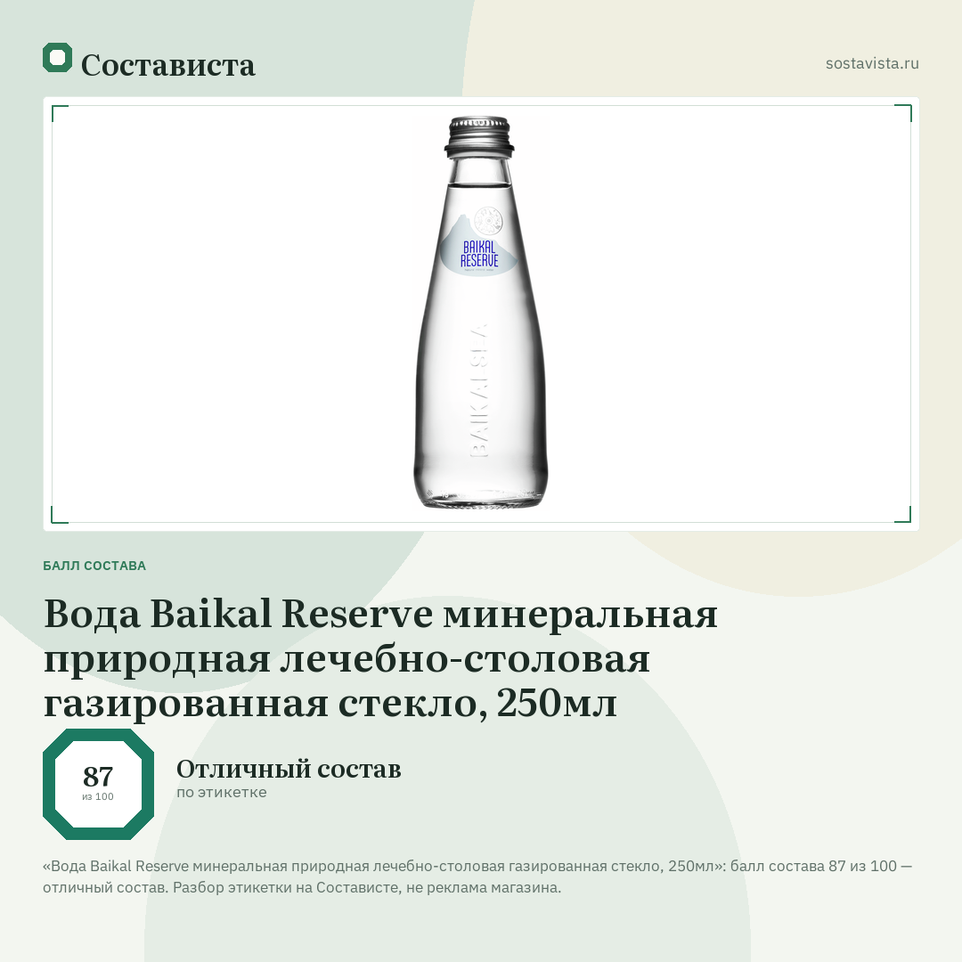 Вода Baikal Reserve минеральная природная лечебно-столовая газированная стекло, 250мл: балл состава 87 из 100 — Состависта