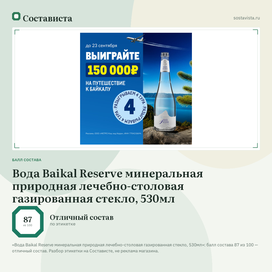 Вода Baikal Reserve минеральная природная лечебно-столовая газированная стекло, 530мл: балл состава 87 из 100 — Состависта