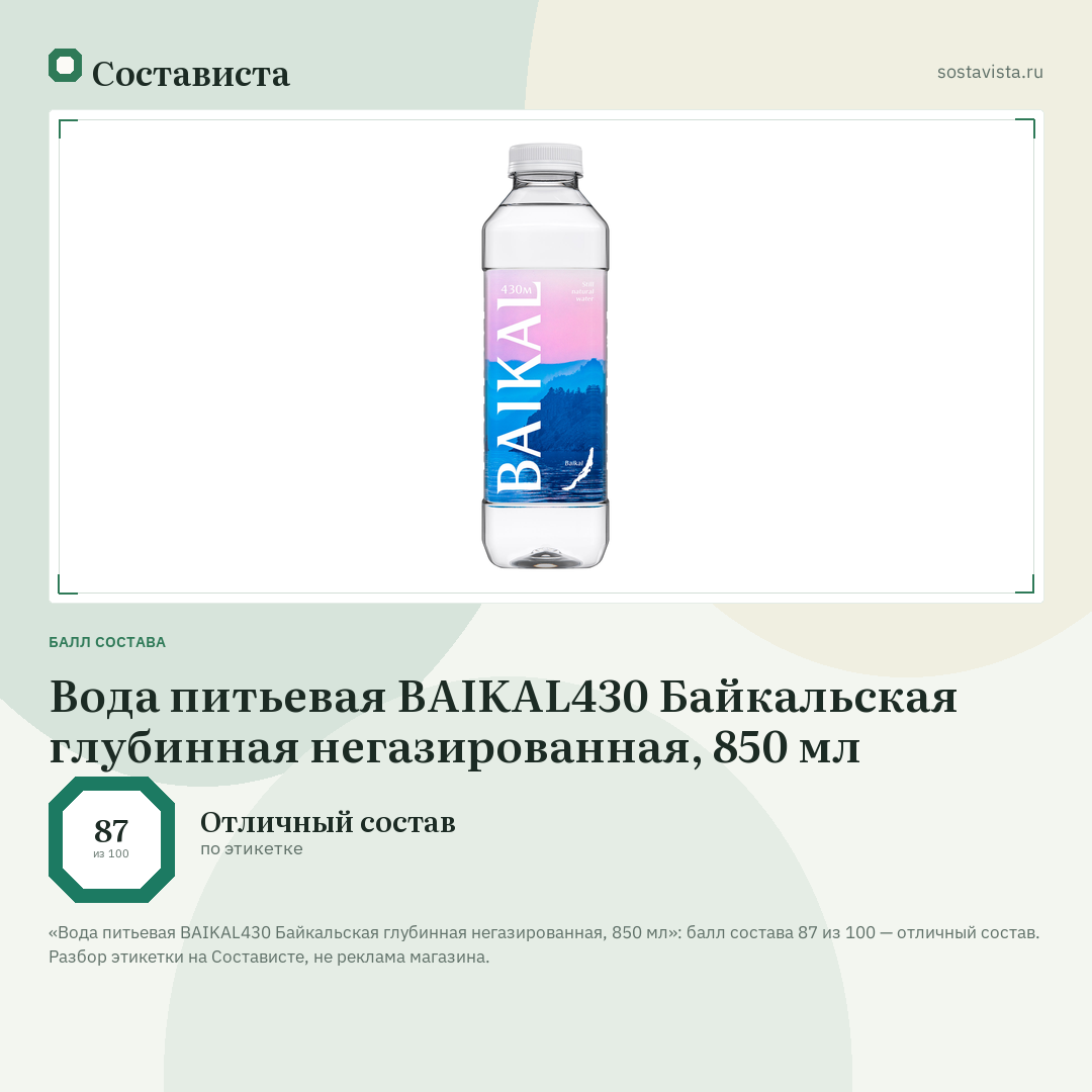 Вода питьевая BAIKAL430 Байкальская глубинная негазированная, 850 мл: балл состава 87 из 100 — Состависта